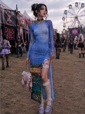 Dolls Kill Blue Sheer High-Slit Festival Maxi Dress